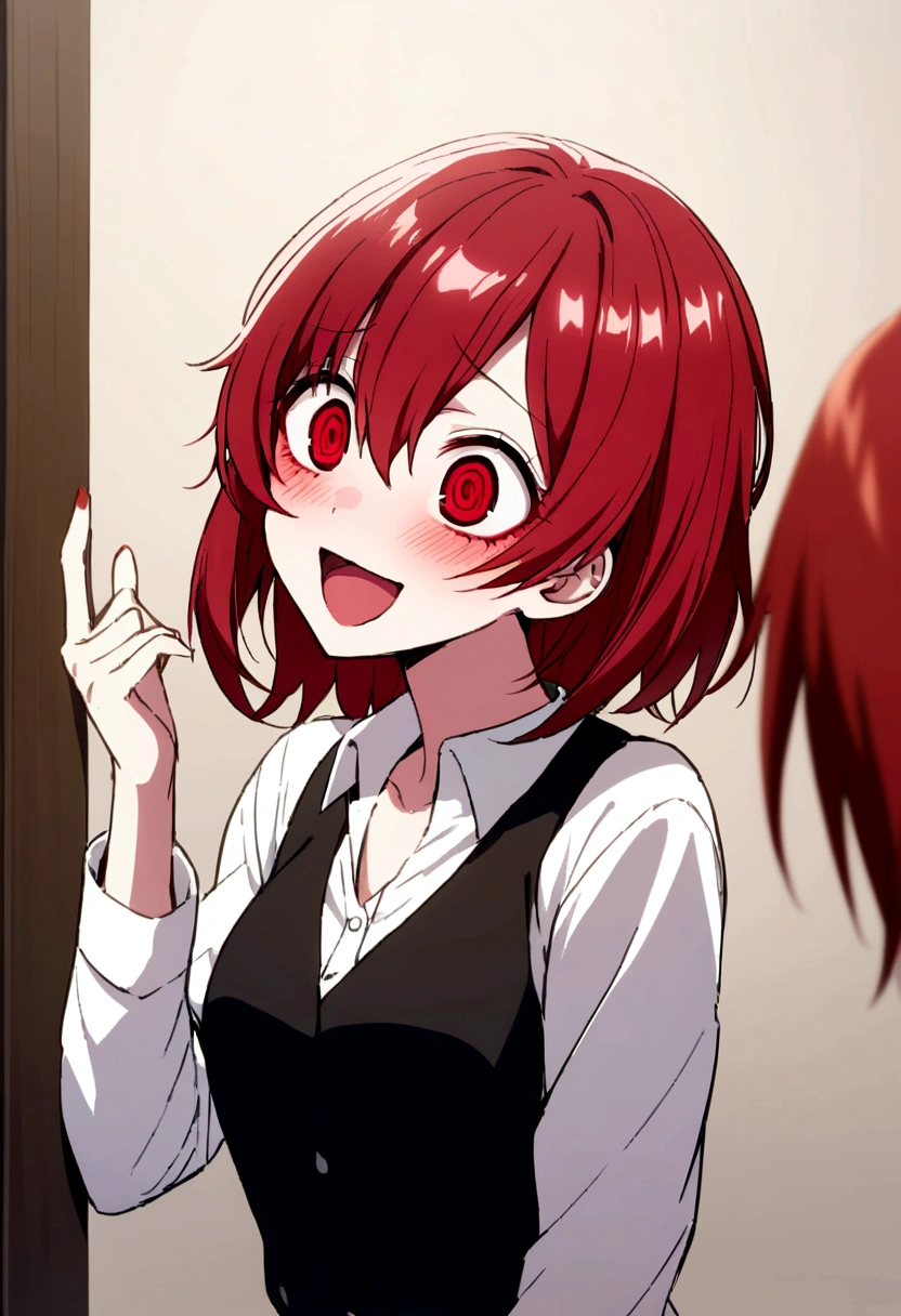 Crazy red eyes laughing Yandere Crazy anime girl. Looking. Short hair. Red hair.