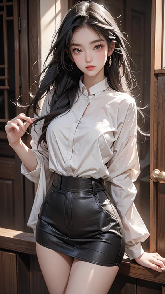 Beauty,Long hair。Beautiful face,big eyes,Double eyelids,Long eyelashes。Perfect body。White and tender skin。Full breasts,Thin waist。Hips,Long legs。Loose shirt,Plump thighs exposed。Back to the audience。