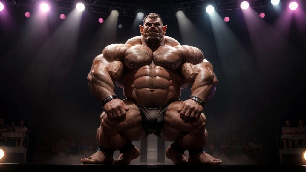 sweaty,muscular orc, hefty, bulging, wearing black thong, bodybuilder competition, on a stage,