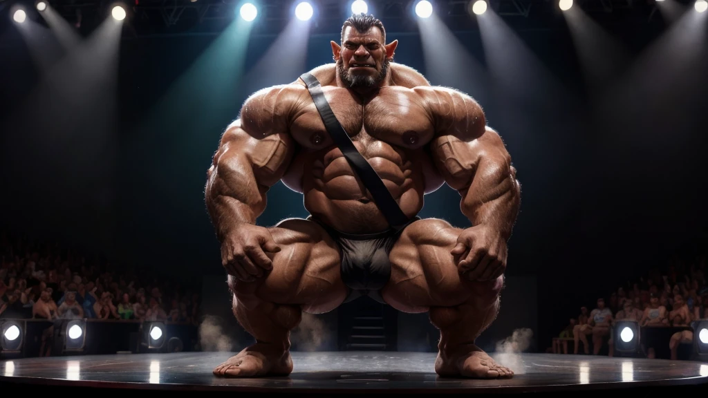 sweaty,muscular orc, hefty, bulging, wearing black thong, bodybuilder competition, on a stage,