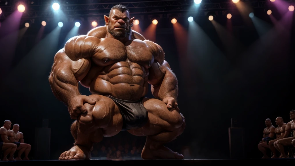 sweaty,muscular orc, hefty, bulging, wearing black thong, bodybuilder competition, on a stage,