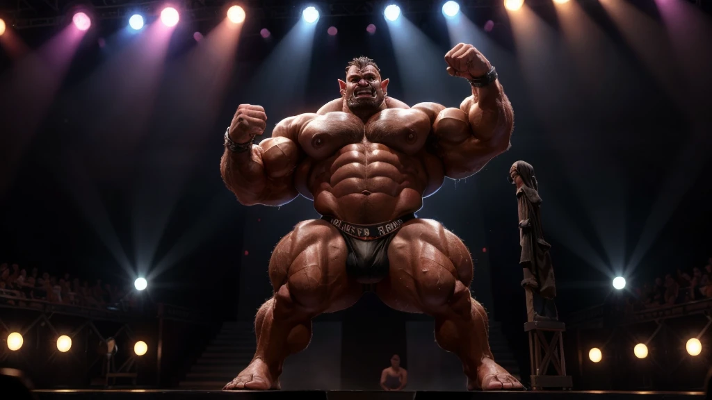 sweaty,muscular orc, hefty, bulging, wearing black thong, bodybuilder competition, on a stage,