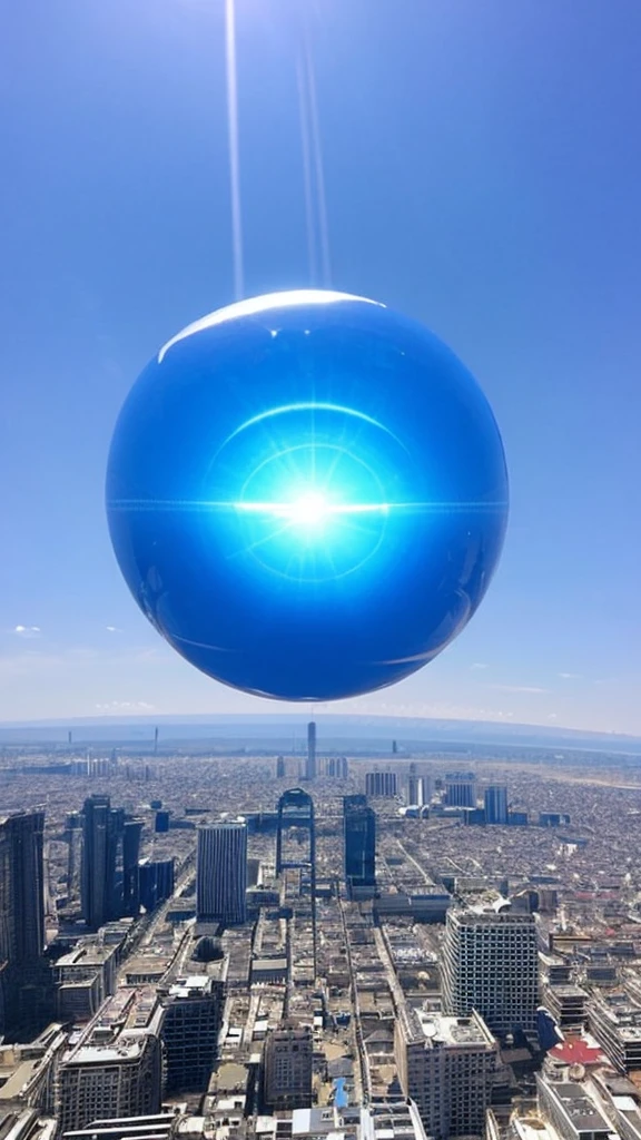 Mysterious sphere appears in the sky, UFO, blue-white sphere above the city