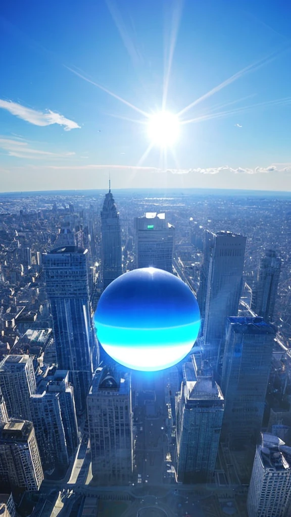 Mysterious sphere appears in the sky, UFO, blue-white sphere above the city