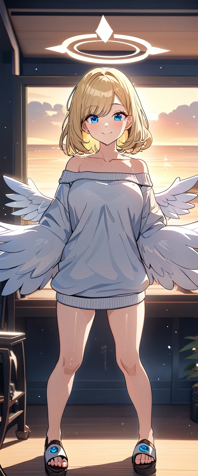 ((angel, big big white wings:1.3, halo:1.3)), sea, beach, (((spread arms))), (((full body))), ((flying)), archangel Uriel, ((wavy hair, outward curled hair)), evening, Sunset, ((blond hair, bob cut:1.3)), breasts, teenager, (looking at viewer), oversized clothes, puffy long sleeves, collarbone, ((off-shoulder sweater:1.3, Quite thick shoulder straps)), ((white sweater)), collarbone, head tilt:1.3, (((blue eyes))), ((happy smile)), (((anime style))), (best quality, 4K, 8K, highres, masterpiece:1.2, ultra-detailed, ultra-detailed eyes, HDR, uhd, studio lighting, ultra-fine painting, sharp focus, physically-based rendering, extreme detail description, professional, vivid colors, bokeh)