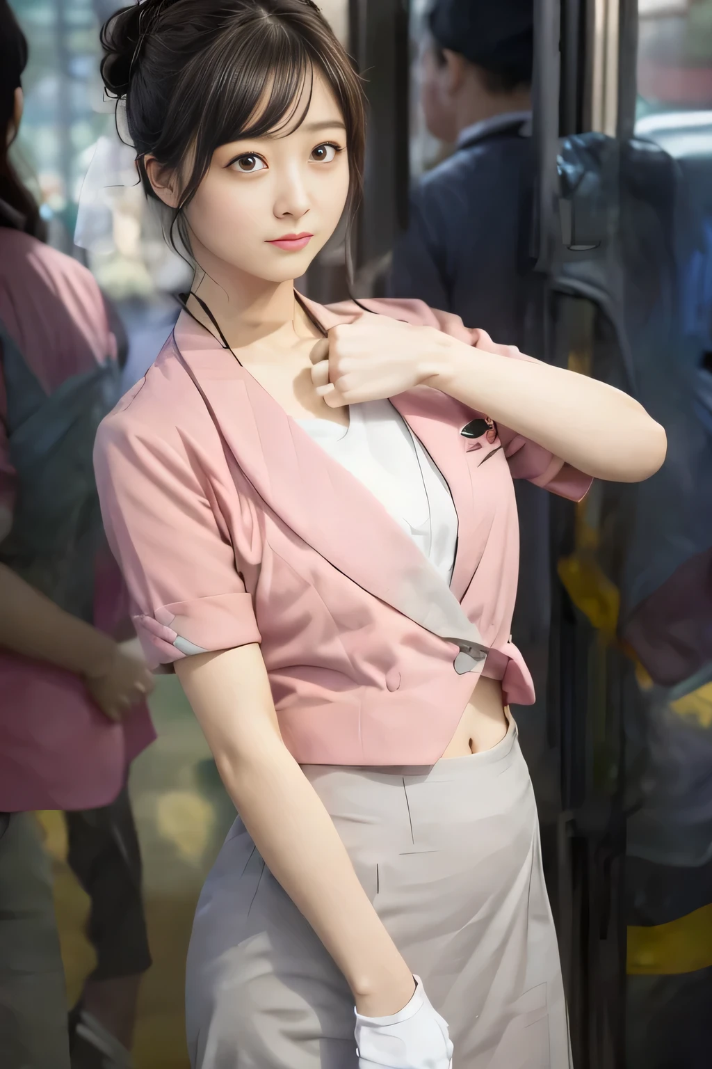 Showing your belly button、(masterpiece:1.2, Highest quality:1.2), 32k HDR, High resolution, (alone、1 Girl)、 (height: 160cm)、(On the roof of a building in the daytime、Professional Lighting)、Building rooftop background、(Nankai train crew uniform pinkを着たリアルスタイル)、(Nankai Railway crew uniform, pink, short sleeve, collarless, pink jacket、Nankai Railway crew uniform pink no-collar short-sleeve blouse、Nankai Railway crew uniform, pink grey, knee-length culottes)、(A pink jacket peeks out from under the culottes.)、Dark brown hair、(Hair tied up、Hair tied up、Evening curly hairstyles)、Dark brown hair、Long Shot、Big Breasts、Thin legs、((Great hands:2.0)),((Harmonious body proportions:1.5)),((Normal limbs:2.0)),((Normal finger:2.0)),((Delicate eyes:2.0)),((Normal eyes:2.0)))、smile、(Nankai Railway crew uniform, pink grey, knee-length culottesを見せた美しい歩く姿)、Place your hands around your stomach