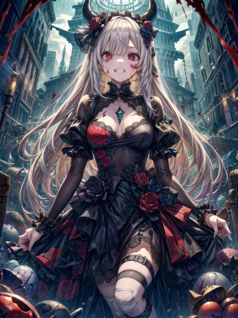 Crazy Smile, 狂ったeye, Cutely crafted luxurious hair band,(masterpiece:1.2, Highest quality), (Actual Photos, Intricate details), (1 female, alone, Upper Body, Small breasts) ,Scary atmosphere、Distorted facial expressions、Horror Art、Bloodの雨、Bloodを流す、Bloodしぶき、悪魔のeye、redいeye、scar、、火scar、whole body、Torn hair of a woman in slave clothes、(Long Hair)、(eyeにかかる長さの前髪)、、Black Hair、(((eyeの下のクマ)))、青白いskin、Feeling unwell、Pathological、邪悪な笑face、狂ったeye、(Grin)Dramatic makeup,Create mixed media art、White Background(zombie:1.2),Horror 1 Girl, Open_mouth, , red_eye, Blood, Tilt_red_skin, bandage, Injury, Blood_On top of that_face, bandageを巻いた_arm, Blood_On top of that_zombie, Blood_On top of that_hand Delicate features,disaster々new devil horns , Eyelids wide open, The trend is all,Crazy Smile, mouthを大きくOpen, mouthを開けてteethをむき出しにする,獣のような鋭いteeth, Wide lips, 非常に広いmouth, Vermilion cheeks, Blonde, Princess Cut, Ribbon hair ornament, brooch, Shiny candy blue dress, Gold embroidery,ta Style, Gothic style, Facing the audience, Otaku Room, Well-built body, Nice body, Ample breasts, Thick body,eyeを大きく開いて、Scary atmosphere、Distorted facial expressions、ねじれた笑face、Bloodまみれの、頭からの出Blood、Bloodしぶき、whole body、Long Hair、Long bangs、(((eyeの下のクマ)))、青白いskin、Feeling unwell、Pathological、邪悪な笑face、狂ったeye、(Grin)Dramatic makeup,Create mixed media art,Well-built,Nice body,Broad shoulders,I focus,(face),Messy Hair,黄色いeye,(光るeye),(Bloodしぶき:1.6),red信号,笑face,big 笑face,teeth,psycho 笑face,gesugao,Dark city background,darkness,night,(close),良いeye, 良いteeth,サディスティックな笑face,,all,光沢のあるskin,詳細なface,Beautiful body,whole body油まみれで光沢感がある whole bodyから湯気が出ている Steam like a sauna room fills the screen.. mouthからの白い息 Luxurious lace long gloves