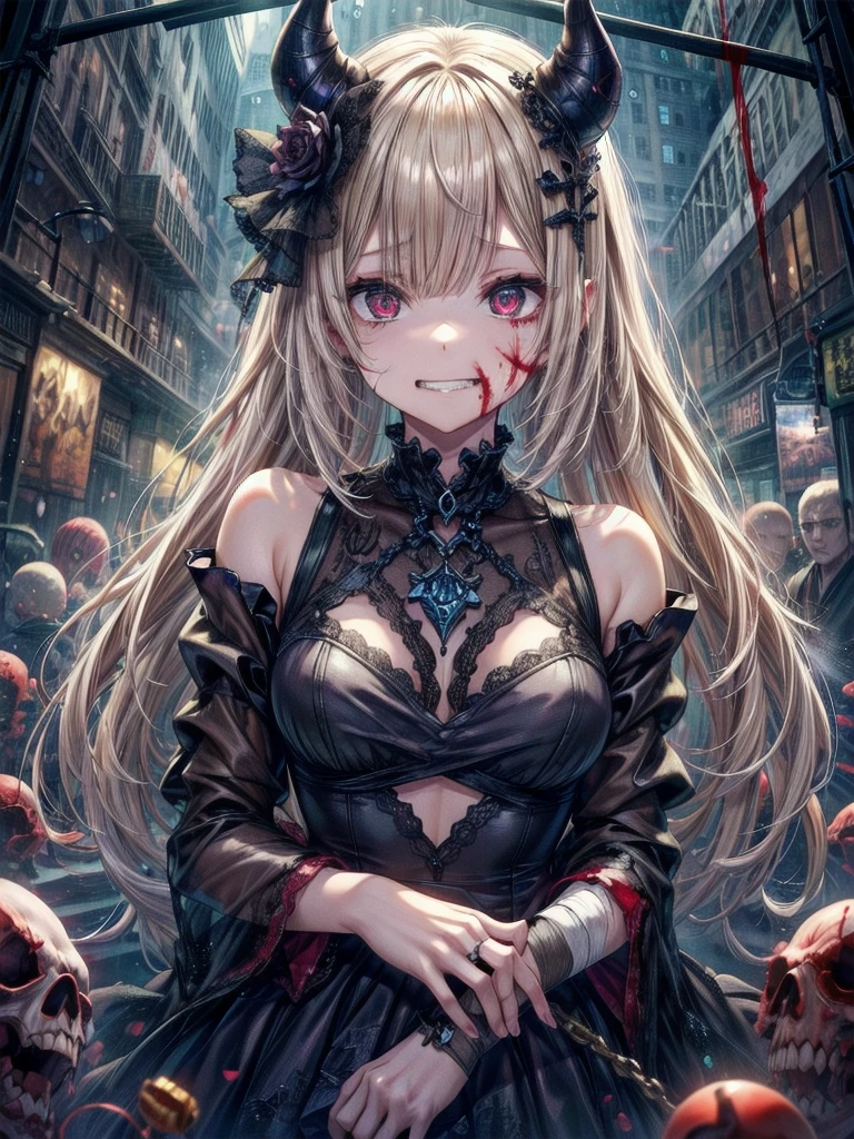 Crazy Smile, 狂ったeye, Cutely crafted luxurious hair band,(masterpiece:1.2, Highest quality), (Actual Photos, Intricate details), (1 female, alone, Upper Body, Small breasts) ,Scary atmosphere、Distorted facial expressions、Horror Art、Bloodの雨、Bloodを流す、Bloodしぶき、悪魔のeye、redいeye、scar、、火scar、whole body、Torn hair of a woman in slave clothes、(Long Hair)、(eyeにかかる長さの前髪)、、Black Hair、(((eyeの下のクマ)))、青白いskin、Feeling unwell、Pathological、邪悪な笑face、狂ったeye、(Grin)Dramatic makeup,Create mixed media art、White Background(zombie:1.2),Horror 1 Girl, Open_mouth, , red_eye, Blood, Tilt_red_skin, bandage, Injury, Blood_On top of that_face, bandageを巻いた_arm, Blood_On top of that_zombie, Blood_On top of that_hand Delicate features,disaster々new devil horns , Eyelids wide open, The trend is all,Crazy Smile, mouthを大きくOpen, mouthを開けてteethをむき出しにする,獣のような鋭いteeth, Wide lips, 非常に広いmouth, Vermilion cheeks, Blonde, Princess Cut, Ribbon hair ornament, brooch, Shiny candy blue dress, Gold embroidery,ta Style, Gothic style, Facing the audience, Otaku Room, Well-built body, Nice body, Ample breasts, Thick body,eyeを大きく開いて、Scary atmosphere、Distorted facial expressions、ねじれた笑face、Bloodまみれの、頭からの出Blood、Bloodしぶき、whole body、Long Hair、Long bangs、(((eyeの下のクマ)))、青白いskin、Feeling unwell、Pathological、邪悪な笑face、狂ったeye、(Grin)Dramatic makeup,Create mixed media art,Well-built,Nice body,Broad shoulders,I focus,(face),Messy Hair,黄色いeye,(光るeye),(Bloodしぶき:1.6),red信号,笑face,big 笑face,teeth,psycho 笑face,gesugao,Dark city background,darkness,night,(close),良いeye, 良いteeth,サディスティックな笑face,,all,光沢のあるskin,詳細なface,Beautiful body,whole body油まみれで光沢感がある whole bodyから湯気が出ている Steam like a sauna room fills the screen.. mouthからの白い息 Luxurious lace long gloves