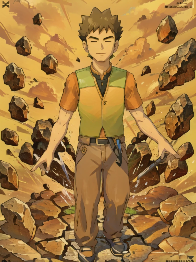 (masterpiece), hdr, 1boy, brkani, abstract background of stones, black background, dim light, brown pants, orange shirt, short sleeves, green vest, open vest,looking at viewer,smile