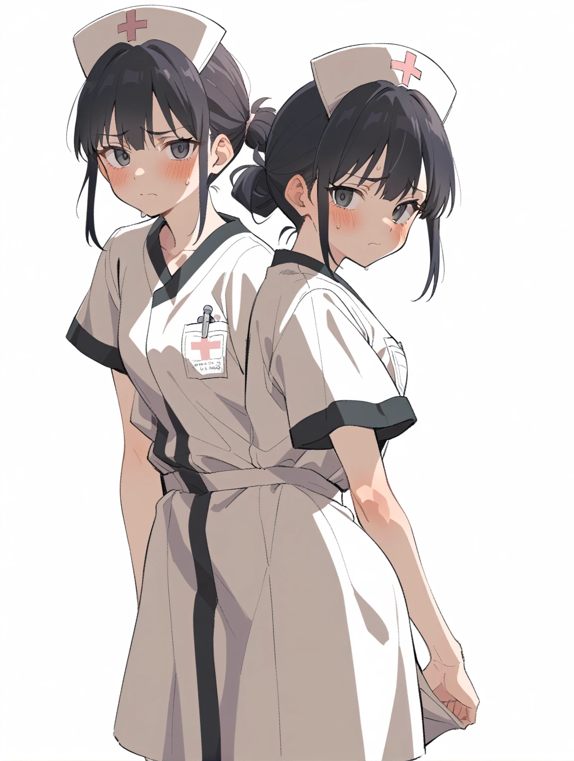 {{{sincos (sincos), girl, no human, waist-length}}}, 1 girl, nurse, wear a medical gown, waist-length, black eyes, tired face, weak facial expressions, hair tied at the back of the head in a bun, hair ivory color, stands directly towards the viewer, looking at viewer. white background, blank background.