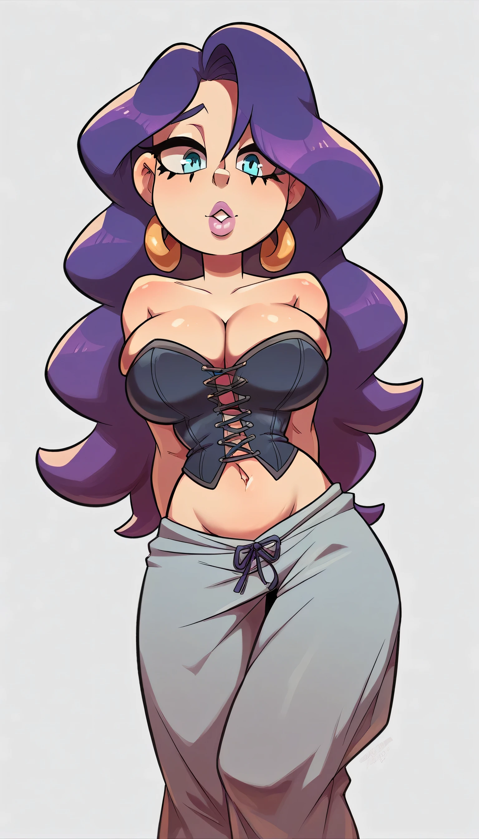 A beautiful sexy Arabian girl, beautiful, big breast, long wavy dark purple hair, her light blue eye, round eyelash, thin black pink lip, soft cheeks, she dresses in a dark gray corset, shows her navel and a pair of short gray pants, a pair of polar blue socks, a black snow boot.