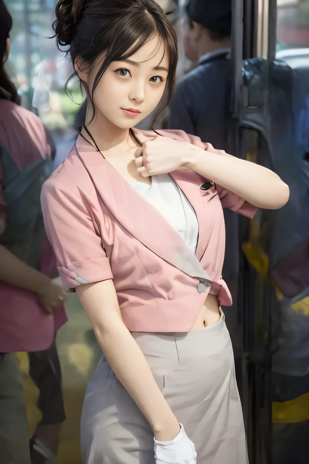 Showing your belly button、(masterpiece:1.2, Highest quality:1.2), 32k HDR, High resolution, (alone、1 Girl)、 (height: 160cm)、（On the roof of a building in the daytime、Professional Lighting）、Building rooftop background、（Nankai train crew uniform pinkを着たリアルスタイル）、（Nankai Railway crew uniform, pink, short sleeve, collarless, pink jacket、Nankai Railway crew uniform pink no-collar short-sleeve blouse、Nankai Railway crew uniform, pink grey, knee-length culottes）、（A pink jacket peeks out from under the culottes.）、Dark brown hair、（Hair tied up、Hair tied up、Evening curly hairstyles）、Dark brown hair、Long Shot、Big Breasts、Thin legs、（（Great hands：2.0）），（（Harmonious body proportions：1.5）），（（Normal limbs：2.0）），（（Normal finger：2.0）），（（Delicate eyes：2.0）），（（Normal eyes：2.0））)、smile、（Nankai Railway crew uniform, pink grey, knee-length culottesを見せた美しい歩く姿）、Place your hands around your stomach