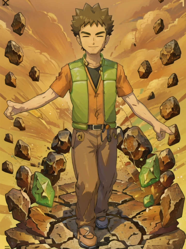 (masterpiece), hdr, 1boy, brkani, abstract background of stones, black background, dim light, brown pants, orange shirt, short sleeves, green vest, open vest,looking at viewer,smile