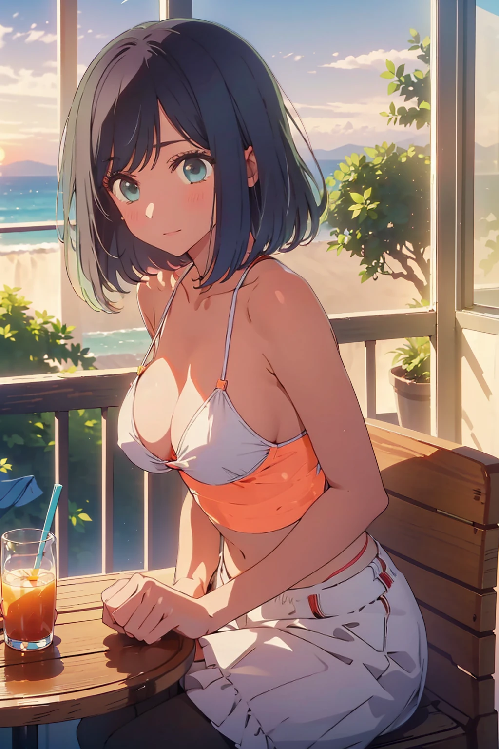 (Highest quality:1.4、8K:1.4、detailed)、F cup bust、Big Breasts、Slim body、Very white beautiful skin、((((1 person、Surprised expression、sit、Chair、In the background are the urban buildings of Tokyo、looking at the camera、Outdoor café terrace、Navy hair color、juice、table、Very cute face))))、Shooting up close、((((nude、Areola))))、(Pose with hair tucked behind ear with one hand:1.4、Cheek resting on hand:1.4)、Off-the-shoulder black blouson with zipper、Very blue sky、A completely cloudless sky