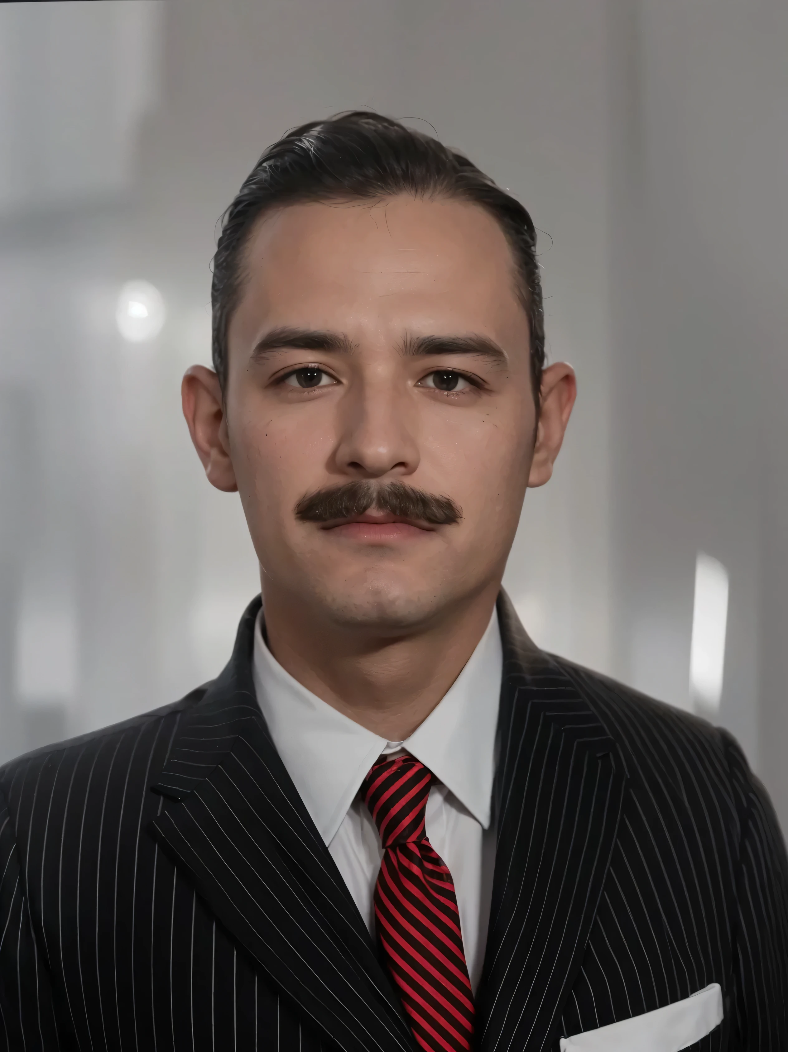 Make this photo look realistic and detailed, there is a man in a black suit and red tie with a mustache, Pablo Hurtado de Mendoza, ignacio fernandez rios, Juan Jose Serrano, a colorized photo, very detailed potrait, realistic portrait photo, close up potrait, profile portrait, very detailed face, very realistic face, very perfected face, very detailed clothes, very realistic clothes, very perfected clothes