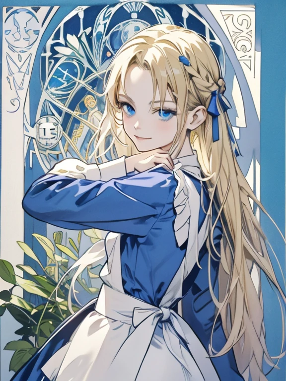 masterpiece, Highest quality, Very detailed, 16K, Ultra-high resolution, Cowboy Shot, Alice in Wonderland, (art nouveau:1.4), 10-year-old girl, Detailed face, Mischievous Smile, blue eyes, Blonde, Braiding, Long Hair, Ribbon on head, Blue clothes, Plain white apron, 大きなclockのある部屋で, clock, 壁clock