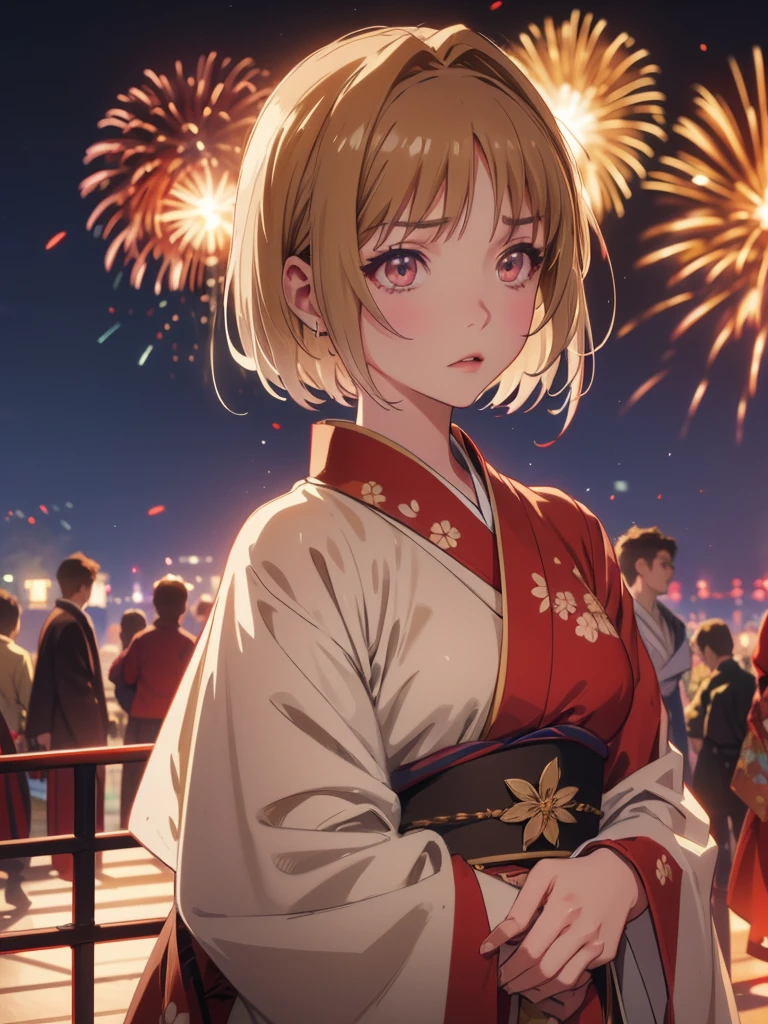 Kushida kikyou kimono in firework night , beige hair , crimson gradient eyes colour , short hair, evil face angry