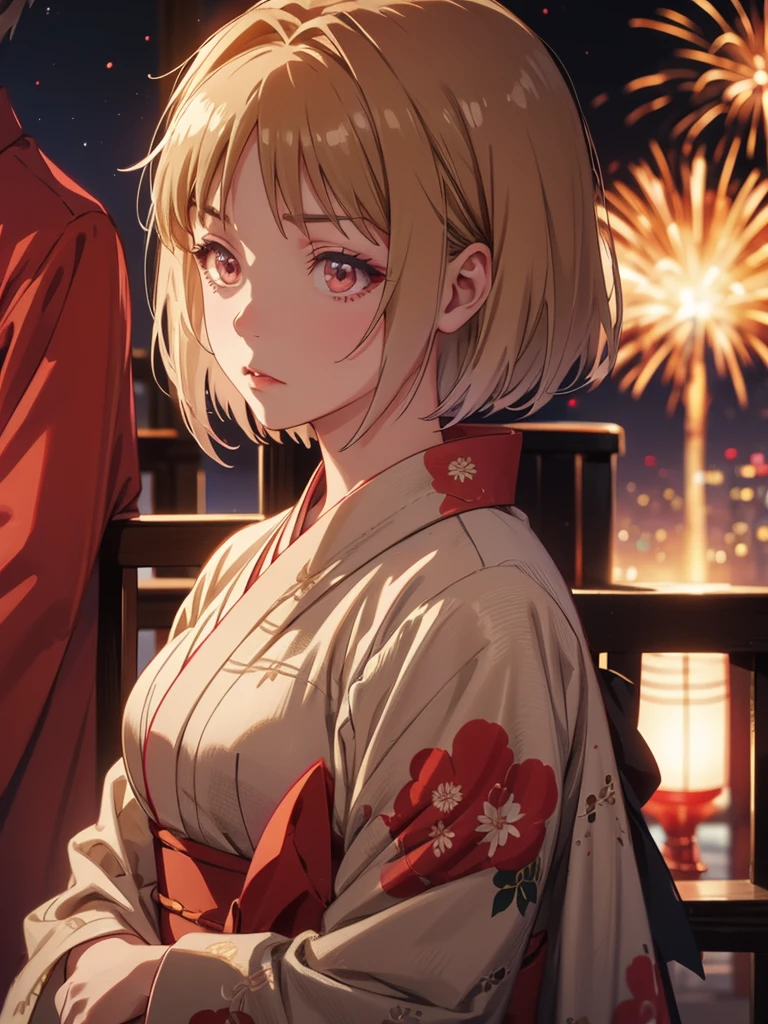 Kushida kikyou kimono in firework night , beige hair , crimson gradient eyes colour , short hair, evil face angry