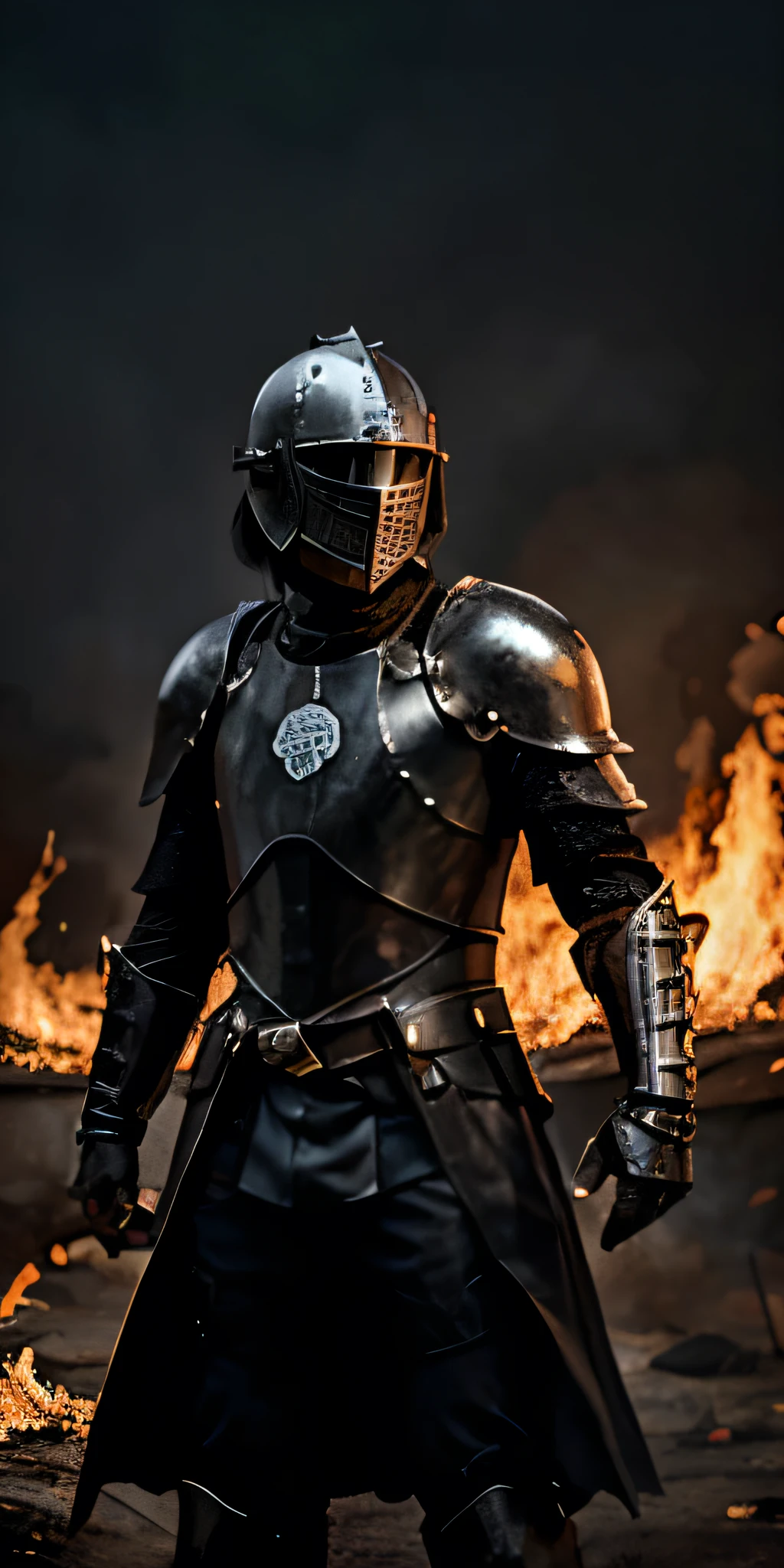 Knight in black armor surrounded by fire