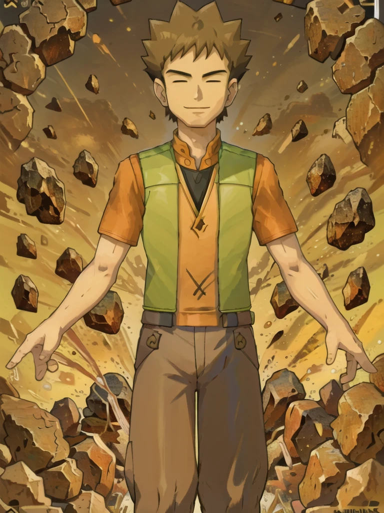 (masterpiece), hdr, 1boy, brkani, abstract background of stones, black background, dim light, brown pants, orange shirt, short sleeves, green vest, open vest,looking at viewer,smile