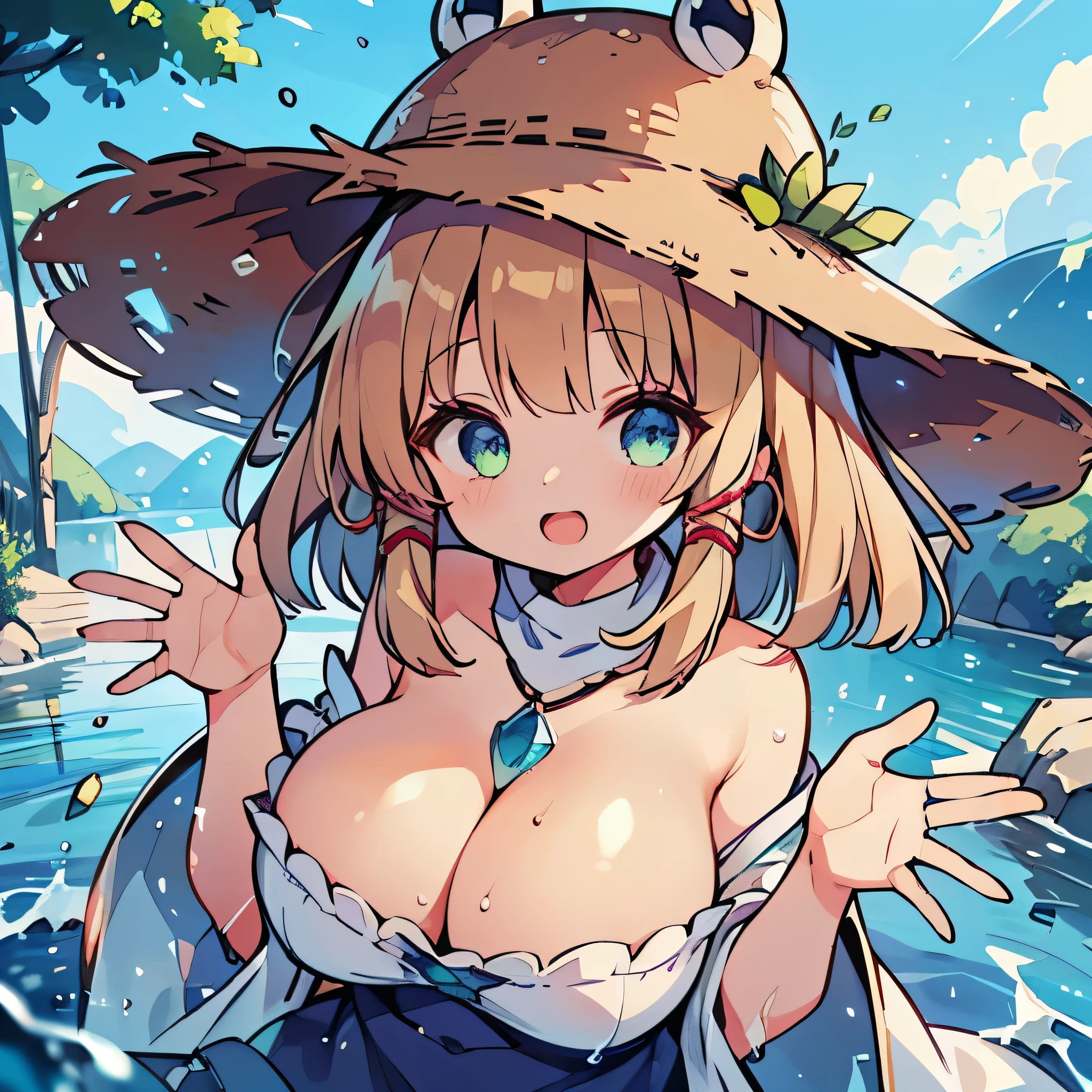 (of the highest quality:1.2),(high_resolution:1.2), Distinct_image, Detailed background,(Suwako:1.4), body type,)(Super huge boobs),(Unrealistically huge breasts、Her breasts are exaggerated to be several times larger than her face:1.4),cute design, (Her breasts are overwhelmingly larger than her face:1.4),(Mysterious lake background:1.5),Open Mouth. concept art,(One person), looking at viewer,(beautiful detailed glow:1.2),(dynamic angle),(Beautiful gradation:1.3),(Detailed landscape),upper body,up girl,light particles,(Strike a Pose),(Perspective background),(Highlights on the chest),Short Hair,(View of the girl from above).(Girl buried in water:1.3),(Girl emerging from water:1.5),(Beautiful contrast:1.2),light particles,Detailed five fingered hand,Hair gradient,Vibrant Hair,Peeking through the gap,(waving),beautiful water expression