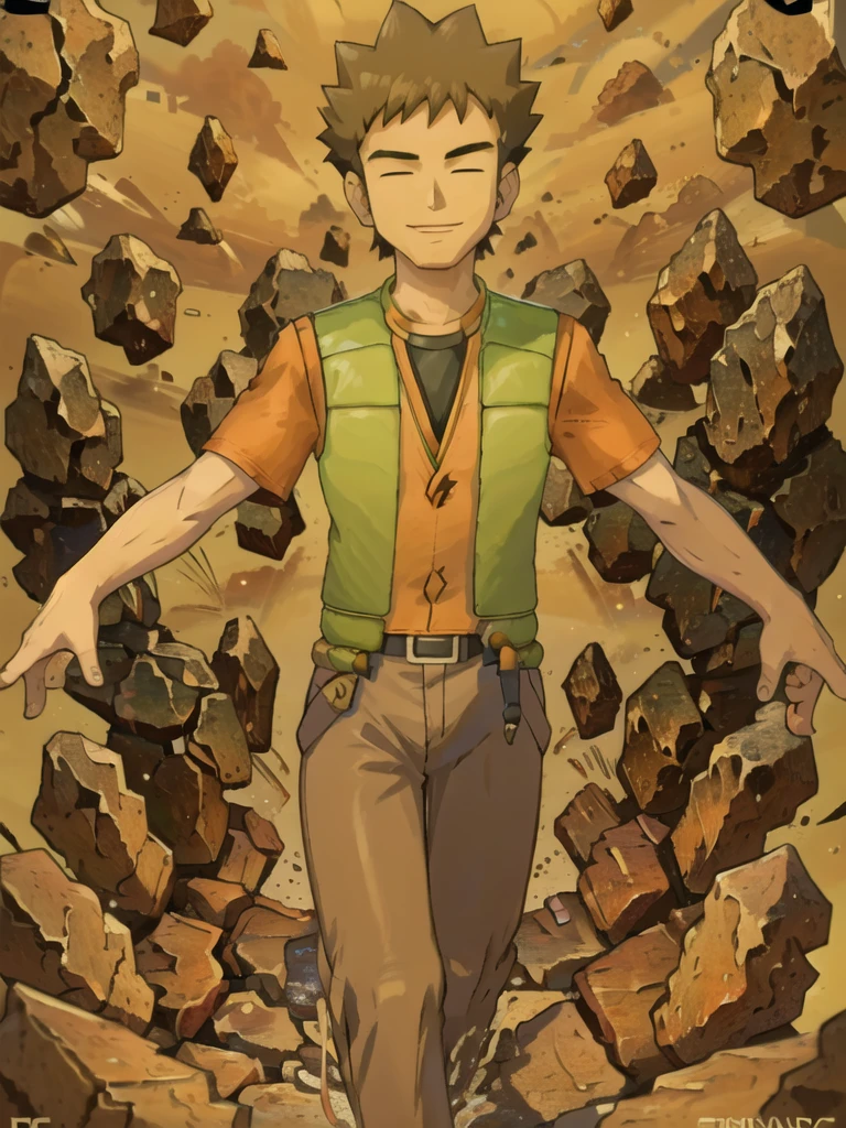 (masterpiece), hdr, 1boy, brkani, abstract background of stones, black background, dim light, brown pants, orange shirt, short sleeves, green vest, open vest,looking at viewer,smile