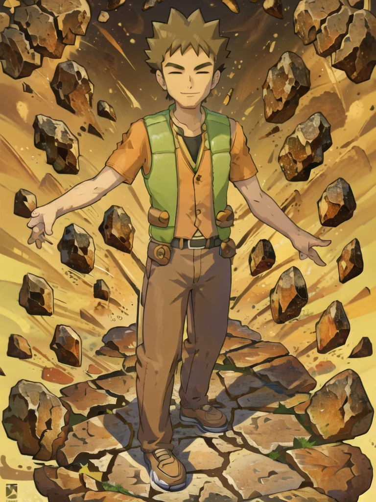 (masterpiece), hdr, 1boy, brkani, abstract background of stones, black background, dim light, brown pants, orange shirt, short sleeves, green vest, open vest,looking at viewer,smile