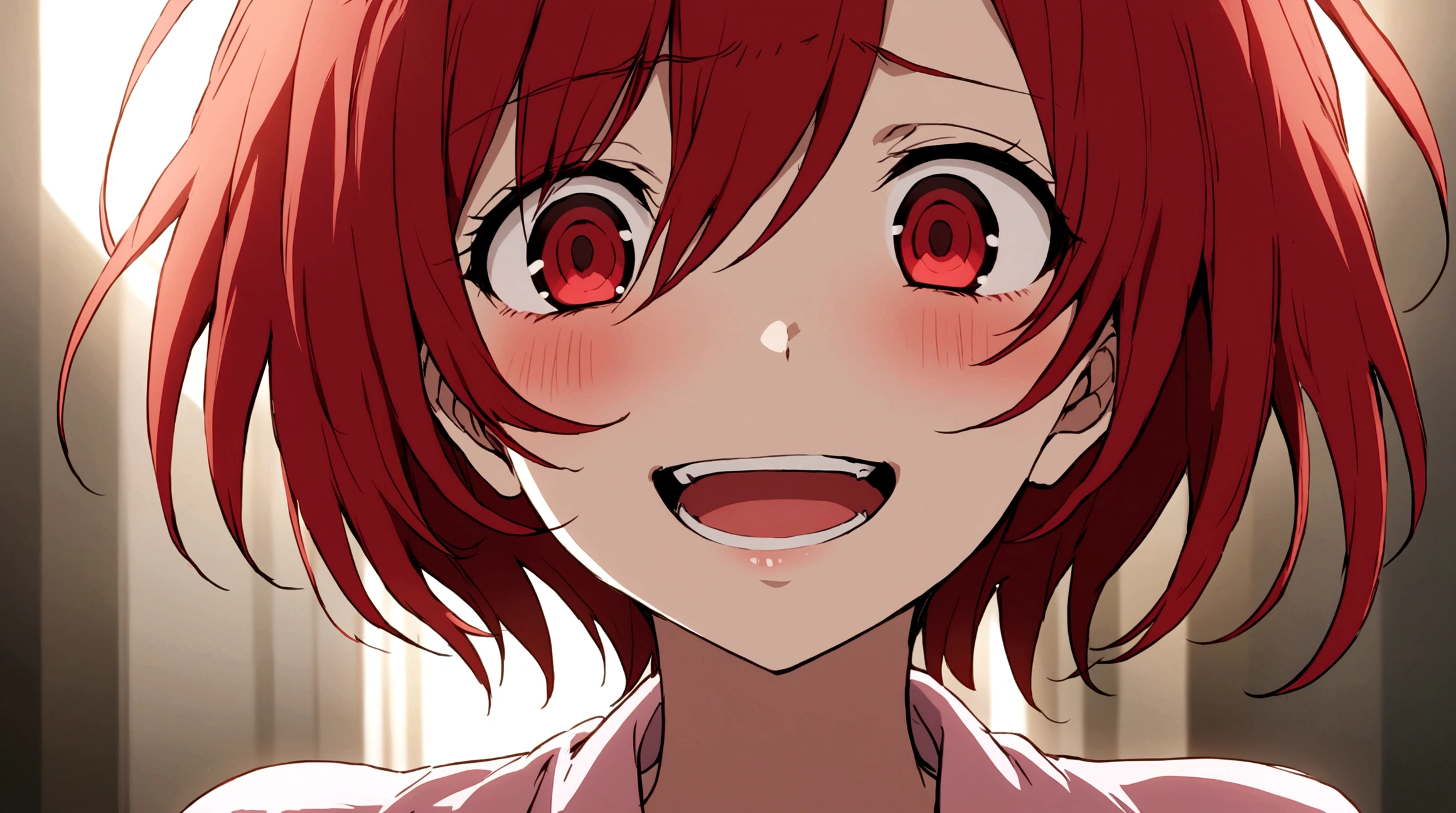 Crazy red eyes laughing Yandere Crazy anime girl. Looking. Short hair. Red hair.
