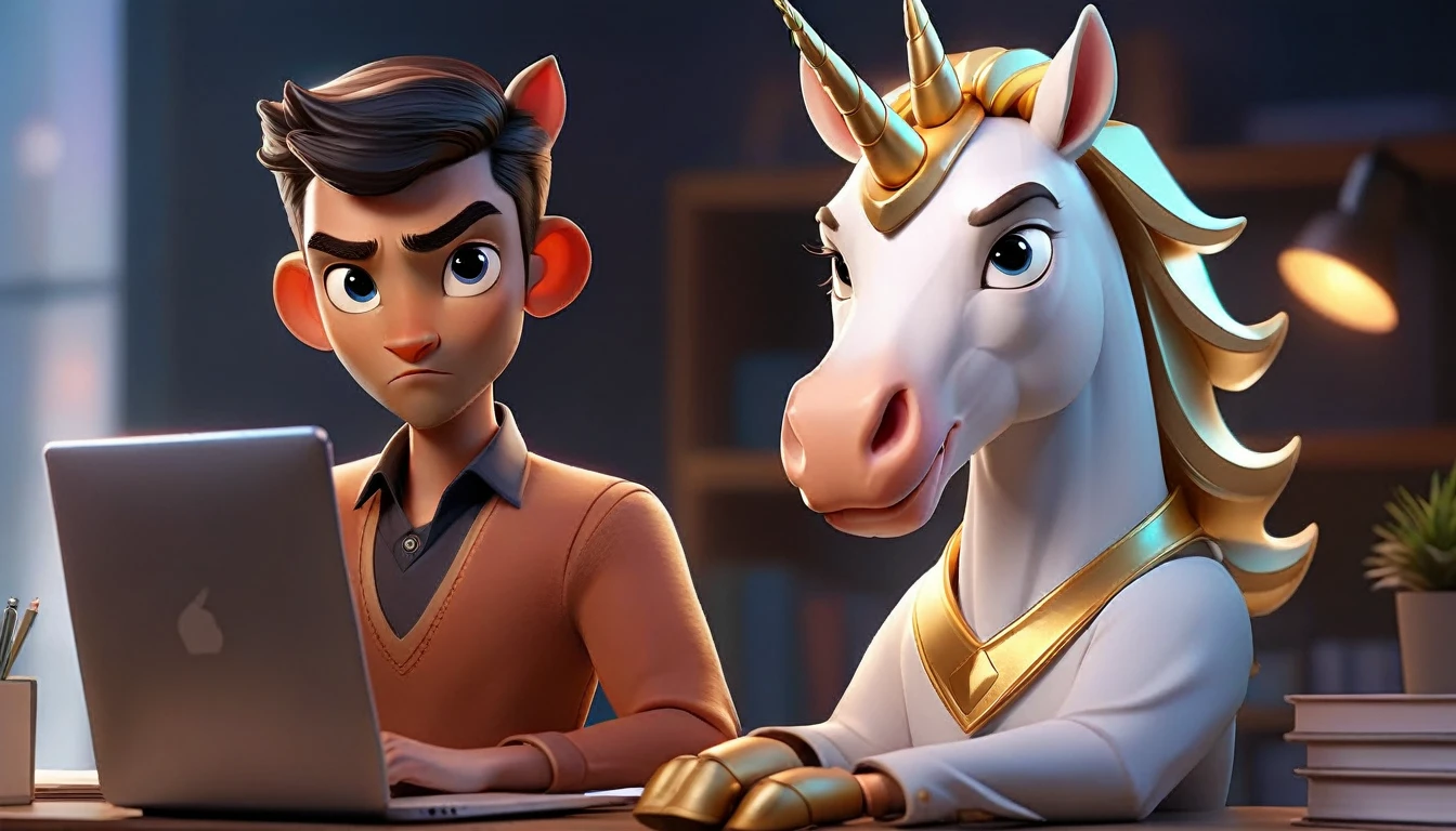 animated avatar of human with unicorn face male and professional looking at camera, this unicorn must reflect innovation, the success, aspirations associated with startups, friendly and charismatic facial expression, large eyes, expressive. gold and silver aspects, sitting at a desk with a room background