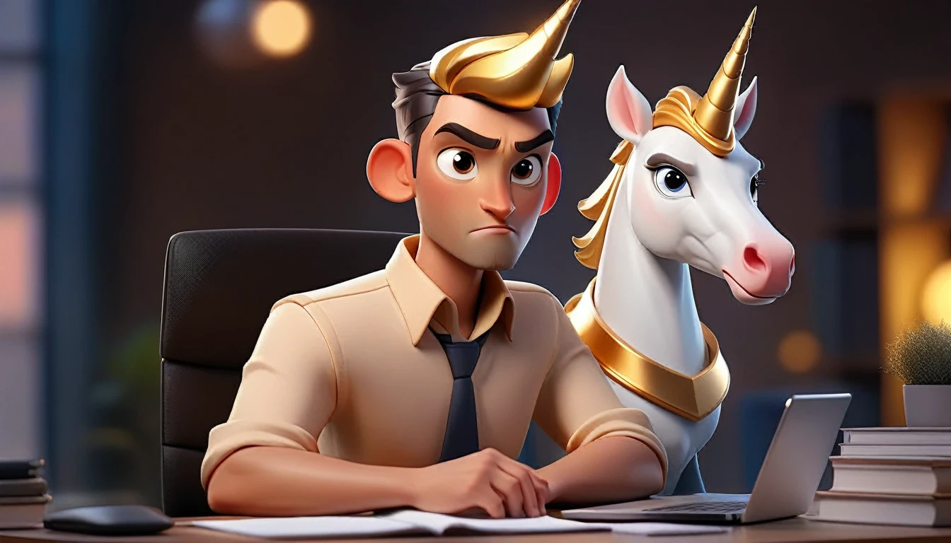 animated avatar of human with unicorn face male and professional looking at camera, this unicorn must reflect innovation, the success, aspirations associated with startups, friendly and charismatic facial expression, large eyes, expressive. gold and silver aspects, sitting at a desk with a room background