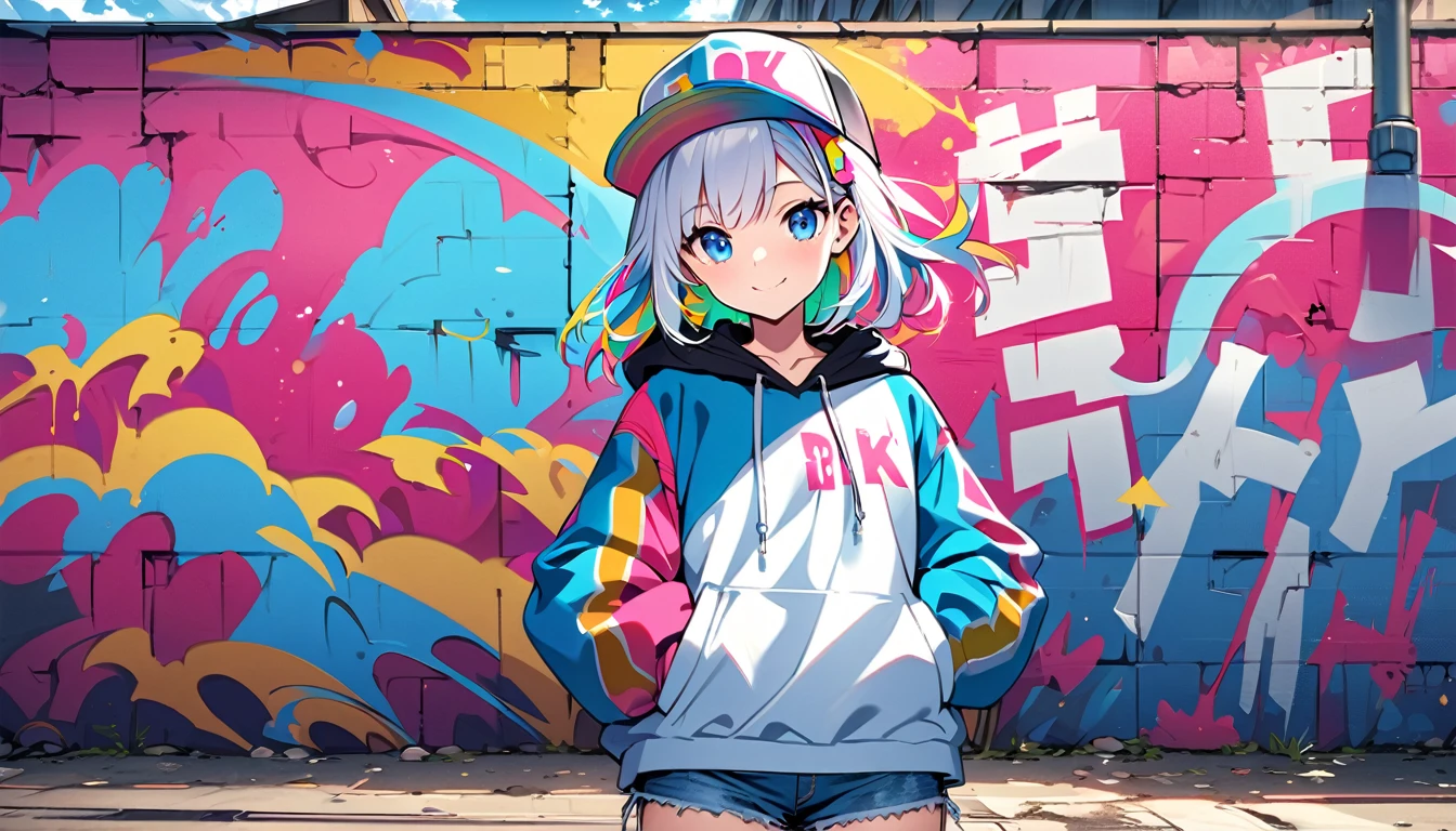 HD 8K Handsome cute, Solitary, 1 female, Medium Length Hair, white hair, Rainbow hair, blue Eyes, looking away, Rainbow headphone, hoodie, colored hoodie, black Trucker Hat, hip-hop style big hooded jacket, denim shorts, Human focus, HD 8K outdoor, White clouds, graffiti famous spray art wall,