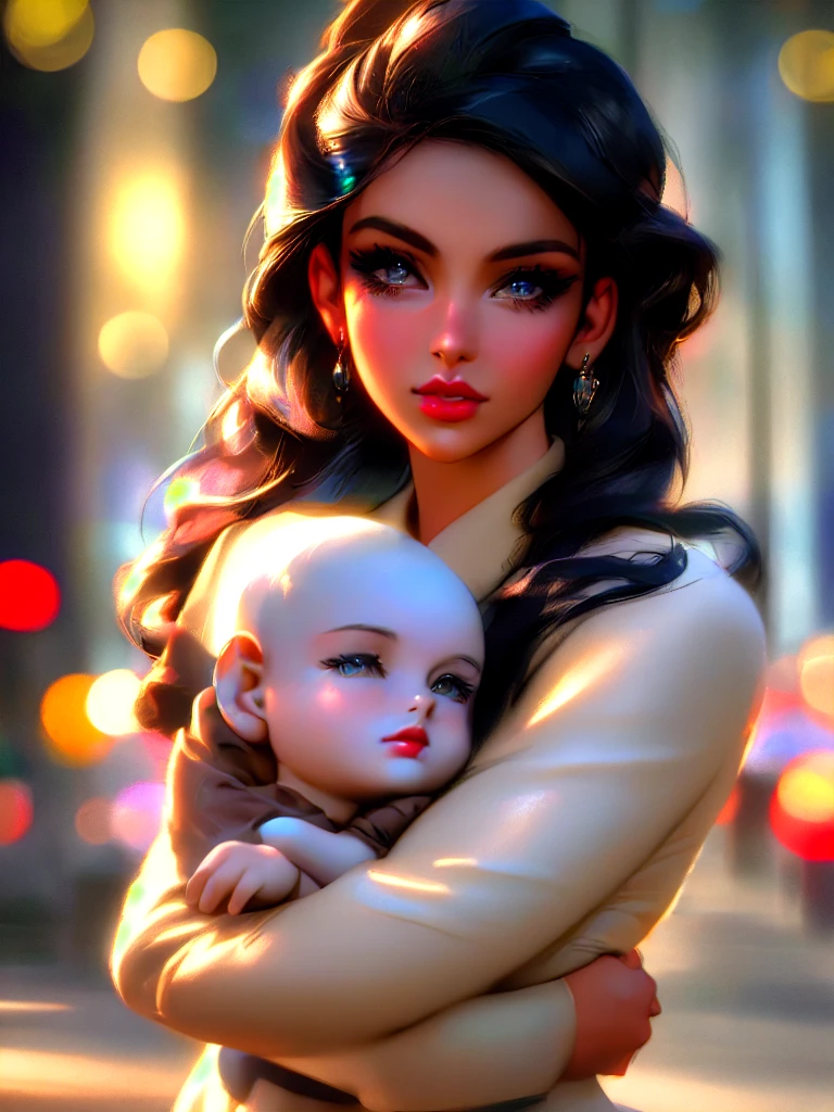a fashionable 1950s police woman,beautiful detailed eyes,beautiful detailed lips,extremely detailed eyes and face,longeyelashes,cradling a baby boy in her arms,in an atmospheric park,intricate details,stunning lighting,vibrant colors,cinematic composition,photorealistic,masterpiece,8k,ultra-detailed,realistic,physically-based rendering,professional,vivid colors,bokeh