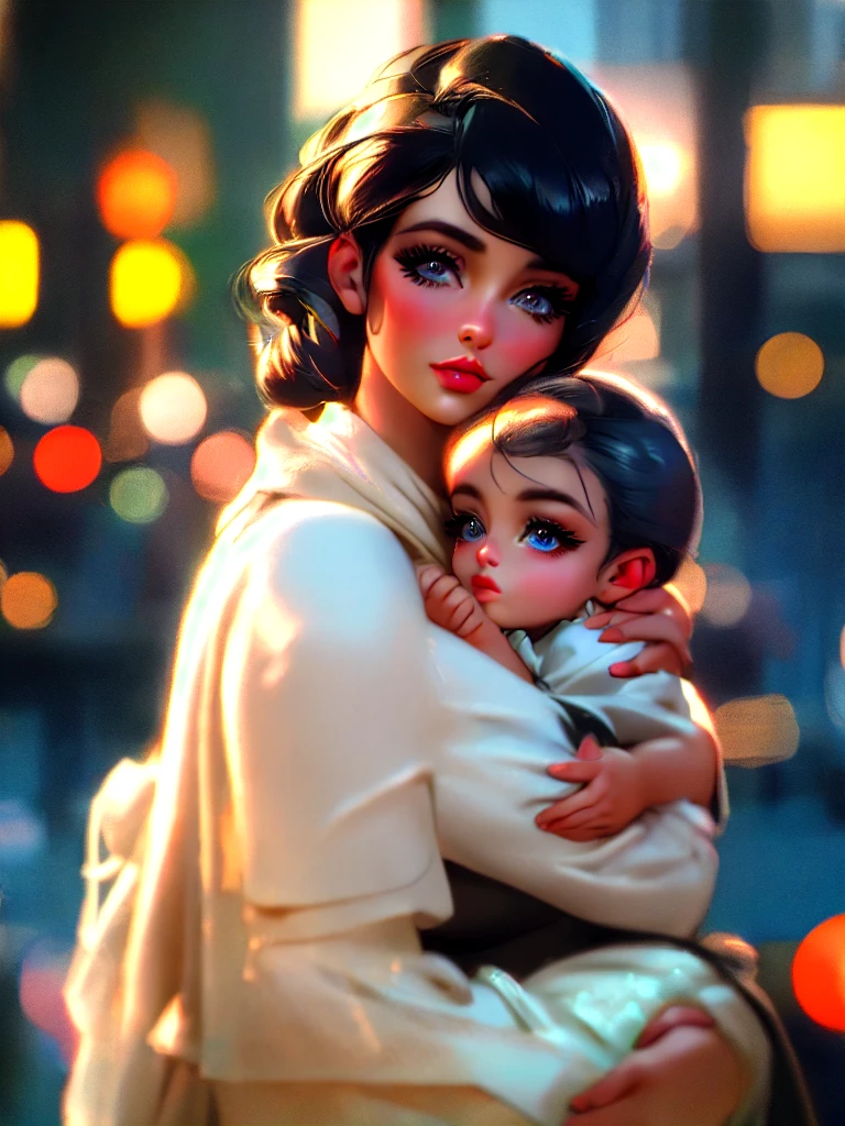 a fashionable 1950s police woman,beautiful detailed eyes,beautiful detailed lips,extremely detailed eyes and face,longeyelashes,cradling a baby boy in her arms,in an atmospheric park,intricate details,stunning lighting,vibrant colors,cinematic composition,photorealistic,masterpiece,8k,ultra-detailed,realistic,physically-based rendering,professional,vivid colors,bokeh
