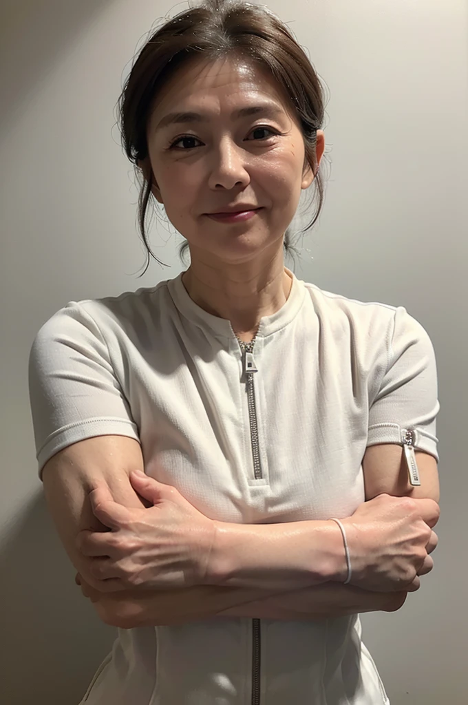(masterpiece:1.4),(62-year-old woman:1.5),(facial wrinkles 1.2), (hair tied up : 1), A kind smile,maternal, Mature Woman, (dressed as a nurse : 1.2), (white Short sleeve uniform of nurse with single front zipper : 1.3), acnes, skin blemishes, fleckles, hospital, bed, (muscular arms : 1.4), (thick arms : 1.3), (arms folded in front : 1.3)