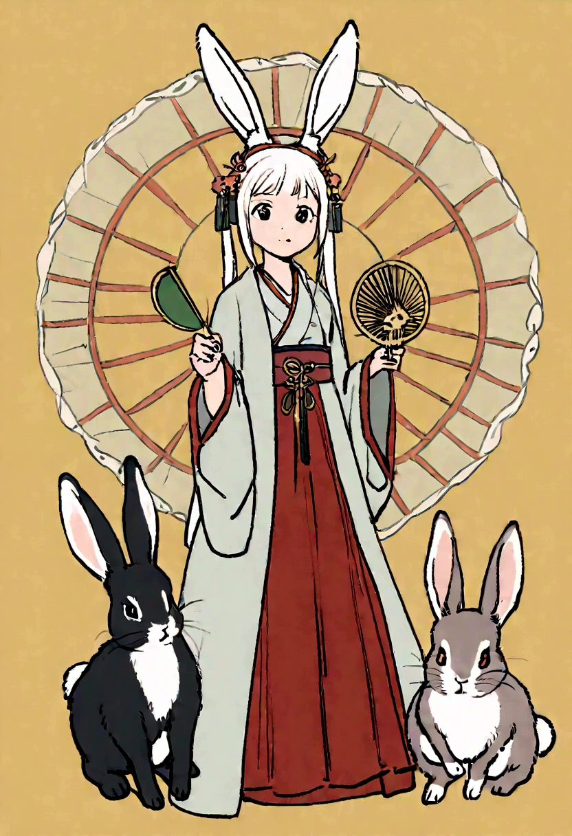 rabbitの耳、Headgear、Chinese round fan in hand, Rabbit, rabbit, 白いRabbit, Rabbit_bunny,, 擬人化されたrabbit, 白いrabbit, With a fan, Rabbit ears, Rabbit in Hanfu, Rabbit in Chinese Costume, Rabbit in white hanfu, Chinese traditional clothing, 古代Chinese Costumeを着て, Full body fairy, Chinese style, Chinese Costume, 8K))Inspired by the Chinese Classics Master, Hayao Miyazaki style, rabbitの顔のみ, Studio Ghibli Filter, edgbunny_character