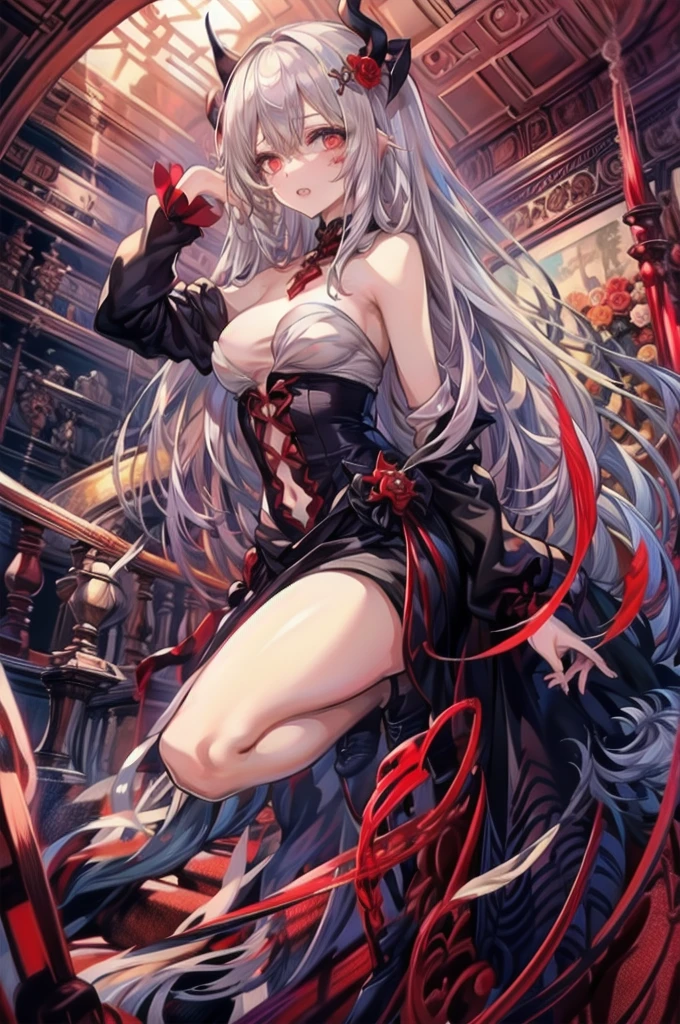Crazy Smile, 狂ったeye, Cutely crafted luxurious hair band,(masterpiece:1.2, Highest quality), (Actual Photos, Intricate details), (1 female, alone, Upper Body, Small breasts) ,Scary atmosphere、Distorted facial expressions、Horror Art、Bloodの雨、Bloodを流す、Bloodしぶき、悪魔のeye、redいeye、scar、、火scar、whole body、Torn hair of a woman in slave clothes、(Long Hair)、(eyeにかかる長さの前髪)、、Black Hair、(((eyeの下のクマ)))、青白いskin、Feeling unwell、Pathological、邪悪な笑face、狂ったeye、(Grin)Dramatic makeup,Create mixed media art、White Background(zombie:1.2),Horror 1 Girl, Open_mouth, , red_eye, Blood, Tilt_red_skin, bandage, Injury, Blood_On top of that_face, bandageを巻いた_arm, Blood_On top of that_zombie, Blood_On top of that_hand Delicate features,disaster々new devil horns , Eyelids wide open, The trend is all,Crazy Smile, mouthを大きくOpen, mouthを開けてteethをむき出しにする,獣のような鋭いteeth, Wide lips, 非常に広いmouth, Vermilion cheeks, Blonde, Princess Cut, Ribbon hair ornament, brooch, Shiny candy blue dress, Gold embroidery,ta Style, Gothic style, Facing the audience, Otaku Room, Well-built body, Nice body, Ample breasts, Thick body,eyeを大きく開いて、Scary atmosphere、Distorted facial expressions、ねじれた笑face、Bloodまみれの、頭からの出Blood、Bloodしぶき、whole body、Long Hair、Long bangs、(((eyeの下のクマ)))、青白いskin、Feeling unwell、Pathological、邪悪な笑face、狂ったeye、(Grin)Dramatic makeup,Create mixed media art,Well-built,Nice body,Broad shoulders,I focus,(face),Messy Hair,黄色いeye,(光るeye),(Bloodしぶき:1.6),red信号,笑face,big 笑face,teeth,psycho 笑face,gesugao,Dark city background,darkness,night,(close),良いeye, 良いteeth,サディスティックな笑face,,all,光沢のあるskin,詳細なface,Beautiful body,whole body油まみれで光沢感がある whole bodyから湯気が出ている Steam like a sauna room fills the screen.. mouthからの白い息 Luxurious lace long gloves