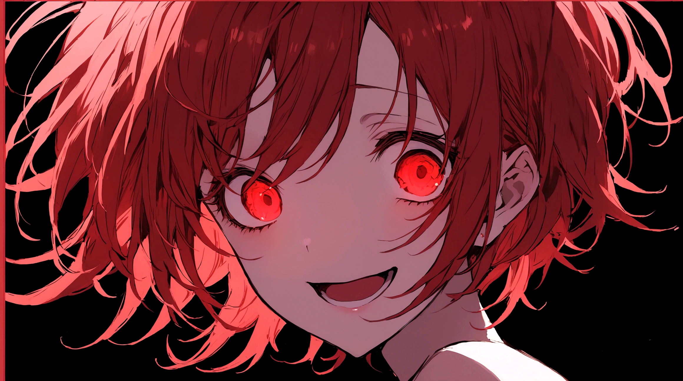 Crazy red eyes laughing Yandere Crazy anime girl. Looking. Short hair. Red hair. Black Background