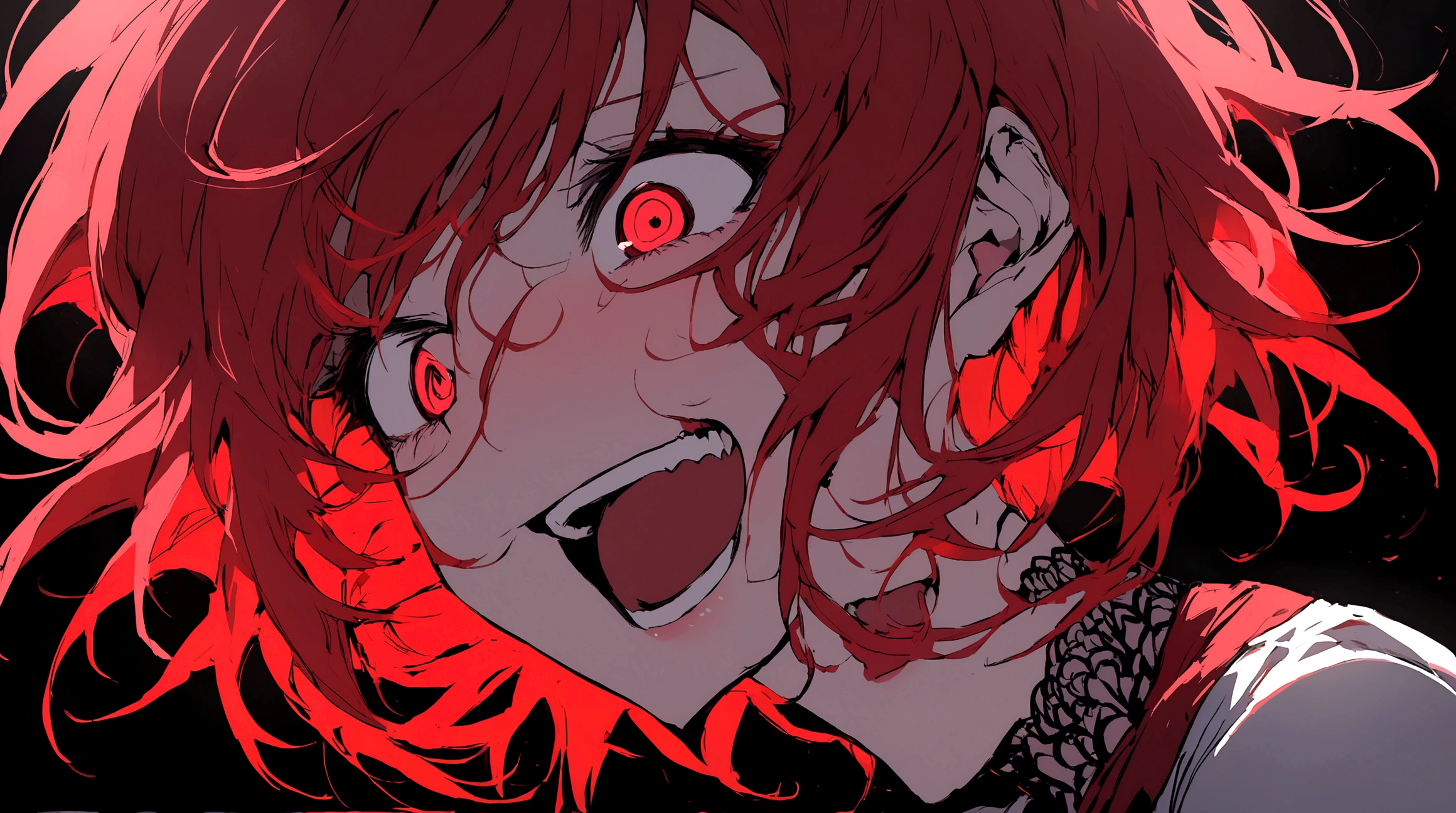 Crazy red eyes laughing Yandere Crazy anime girl. Looking. Short hair. Red hair. Black Background