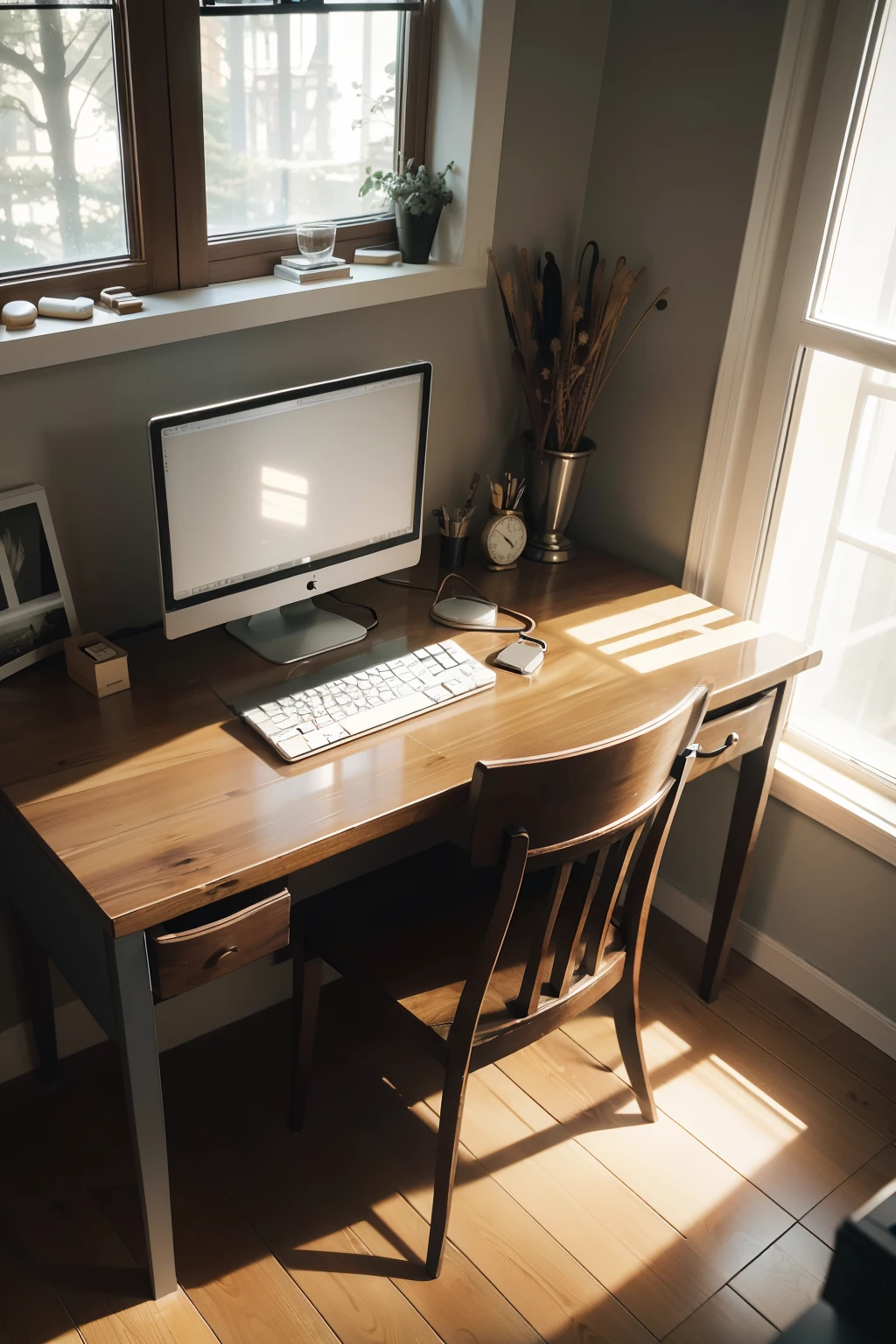 In this meticulously crafted image, a solid wood desk, elegantly treated with a high gloss finish, takes center stage. The desktop surface is shielded by a transparent film protection, maintaining the pristine condition of the desk while allowing the natural light to illuminate its surface. The environment surrounding the desk is tastefully designed, exuding a sense of comfort, cleanliness and warmth. This professional photography workspace is bathed in the soft glow of natural light, casting intricate highlights and shadows that accentuate the desk's detail. The high resolution photography captures every subtle texture and grain, showcasing the desk in resplendent detail from a top view.