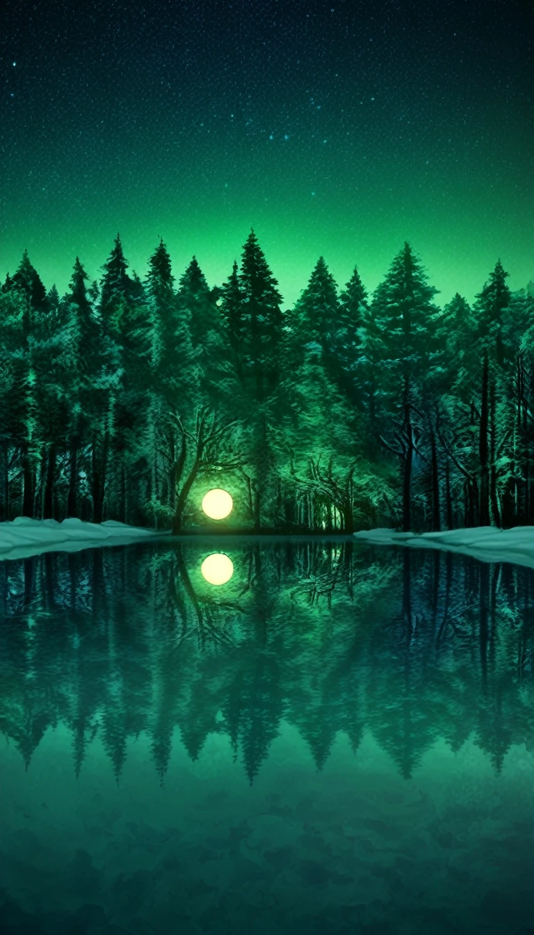 scenery,no humans, sky, moon, star (sky), night, reflection, starry sky, tree, night sky, nature, snow, full moon, forest, cloud, planet, winter, lake, tree, green theme, window, nature, indoors, overgrown, forest,
anime world location,