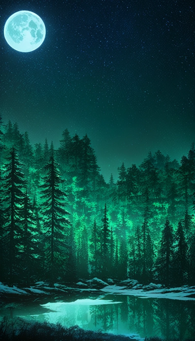 scenery,no humans, sky, moon, star (sky), night, reflection, starry sky, tree, night sky, nature, snow, full moon, forest, cloud, planet, winter, lake, tree, green theme, window, nature, indoors, overgrown, forest,
anime world location,