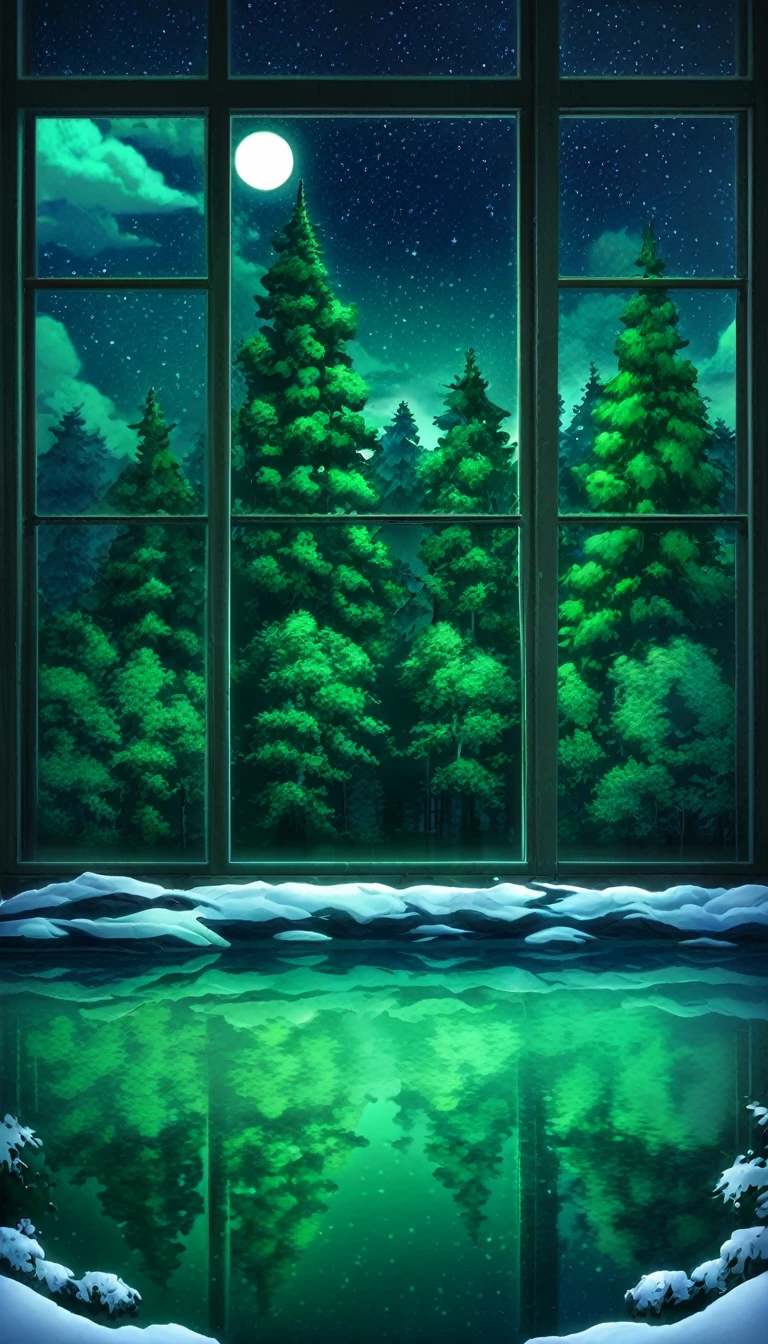 scenery,no humans, sky, moon, star (sky), night, reflection, starry sky, tree, night sky, nature, snow, full moon, forest, cloud, planet, winter, lake, tree, green theme, window, nature, indoors, overgrown, forest,
anime world location,