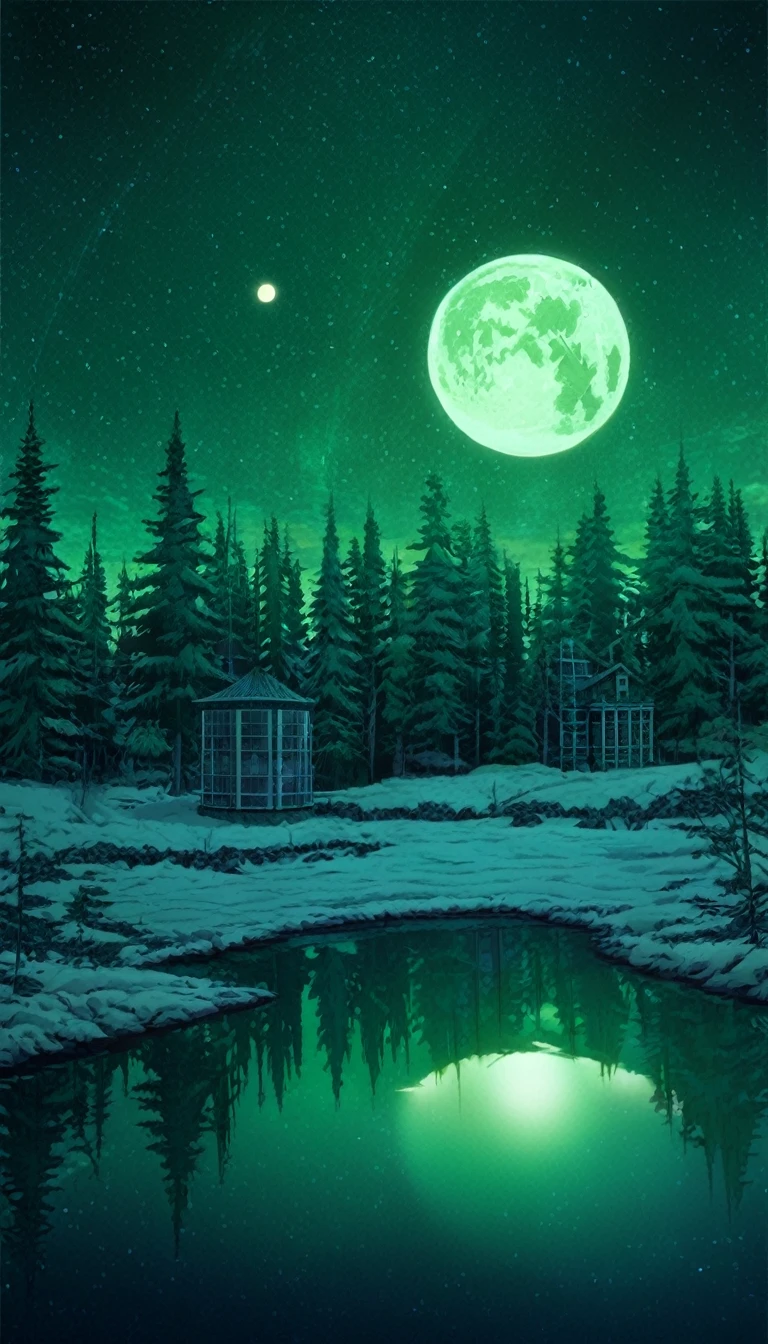 scenery,no humans, sky, moon, star (sky), night, reflection, starry sky, tree, night sky, nature, snow, full moon, forest, cloud, planet, winter, lake, tree, green theme, window, nature, indoors, overgrown, forest,
anime world location,