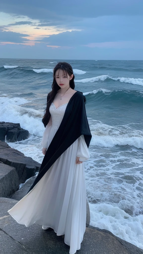 (lifelike, high resolution:1.3), close up,real picture,Asian real person photo,Realism,A magician wearing a black velvet cloak as deep as the night sky,Standing on a cliff overlooking the raging sea。The waves crash relentlessly against the rocks,Demonstrating the power of nature。Her posture is firm and majestic,Guarding the untamed shores。A star-studded cape conceals her figure,A silver crescent moon pendant hangs on the chest。The scene is a contrast between the deep blue of the sea and the whiteness of the foam,And the vastness of the endless sky above。The color palette is dramatic and arresting,A story about power and the eternal dance between the elements。