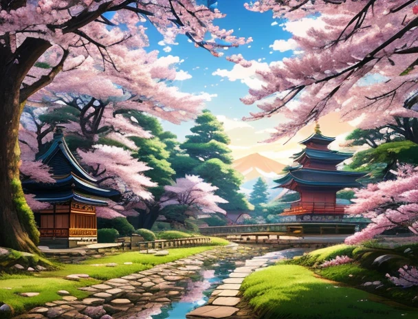 Beautiful shrine landscape, cherry blossoms, pines, anime background art, Japan art style, beautiful anime scene, detailed scenery - width 672, background art, anime landscape, anime background, beautiful anime scenery, beautiful peace scene in anime, landscape artwork, Japan village, anime landscape concept art, 8k))