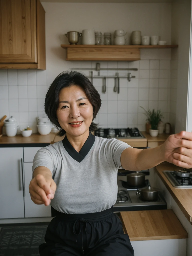 Bolormaa, black short hair, Mongolian woman, ((50-year-old)), (Mongolian skin), (Mongolian eyes), (Mongolian nose), (Mongolian lips), (Mongolian standard face), ordinary Mongolian woman, smiling, hair bobbles, deep eyes, consistent image, ((upper body and upper legs)), full nudity, (((selfie))), (((inside kitchen indoor)))
