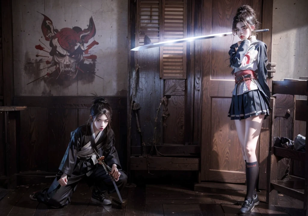 Close-up of a teenage girl holding a samurai sword，Angry emoticon