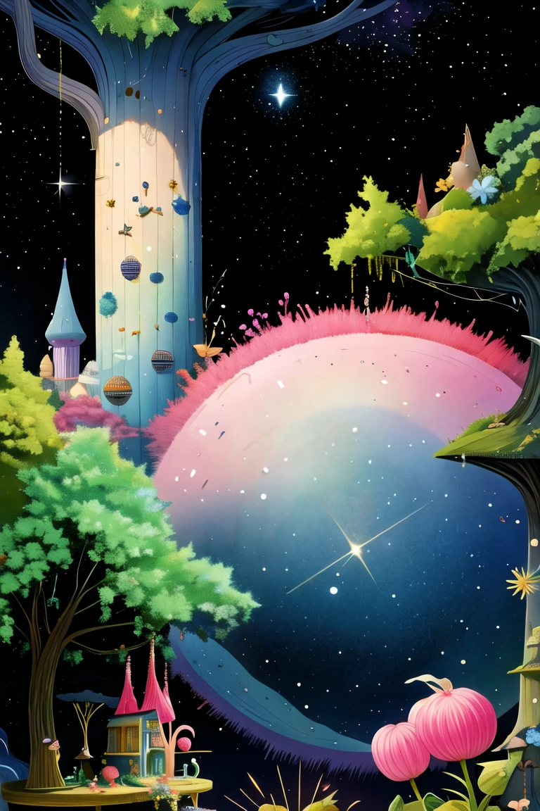 This picture is an illustration full of fantasy and imagination. Centered on a large blue tree, By depicting the small creatures around，Build a mysterious and beautiful fantasy world, Mysterious eyes, And the gorgeous starry sky background.