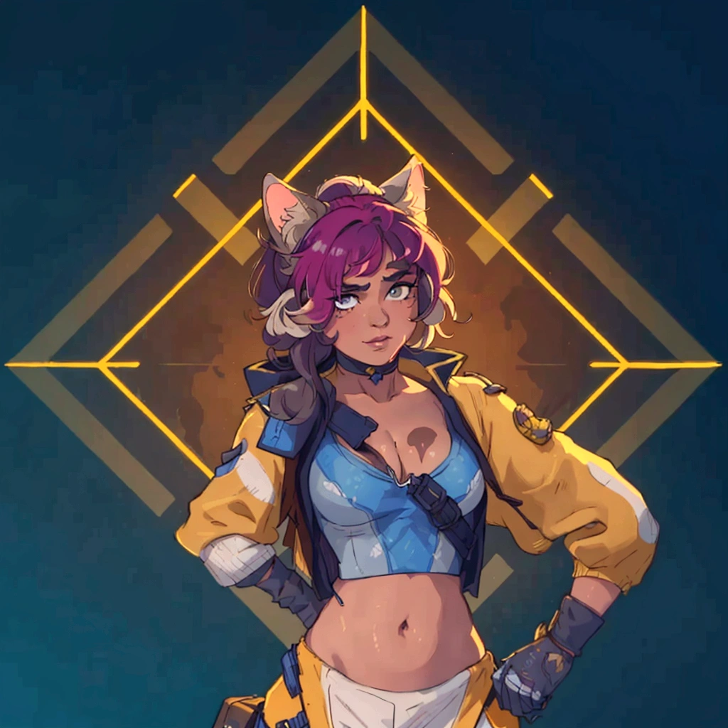 A closeup of a person in a cat costume, loba andrade, with one hand on the left head and the other on the right waist, The suit appears yellow, showing her cleavage and chest., the apex legends, Apex Legends character, al estilo the apex legends, inspired by Jules Chéret, apex legends portrait, valuing character, there is mystery, arcane faux pas portrait, as supervisory character, Starfinder Style, Official character art