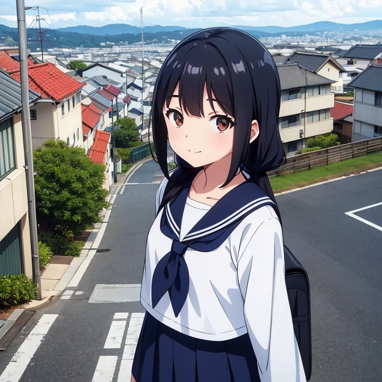 1girl, standing, head tilt,
sea in the distance, (downhill, sloped road), wide single road to the back in Japan, port city, distant urban cityscape,
gentle smile, ,
(brown eye),
(low twintails girl), low pigtails, black hair, very long hair,
navy blue sailor uniform with blue ribbon, long sleeves,
1 school bag on right shoulder,
city area, stylish, urban,
electric pole, white line on the road, tree on side, white residences on side,
gantry crane, afternoon, spring, superb view,
from front, from a little above,
anime, high brightness, detailed face, detailed eyes,
high quality, ultra detailed, masterpiece, FHD